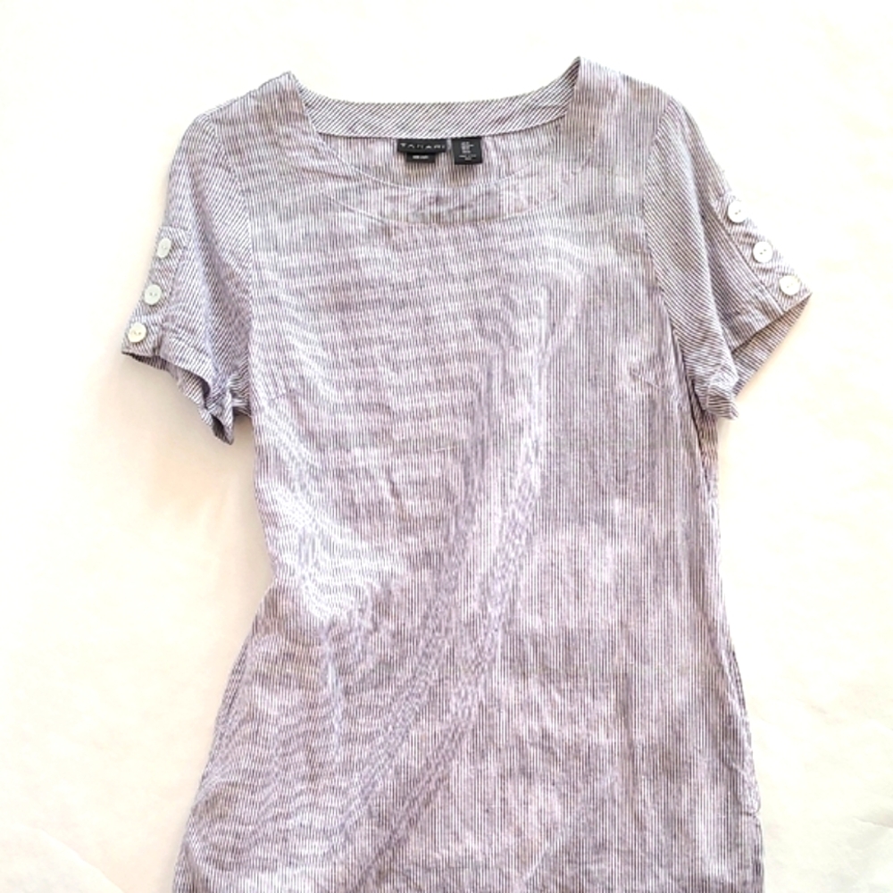 Tahari | Blue and White Striped Short Sleeve Linen Shift Dress w/Pockets